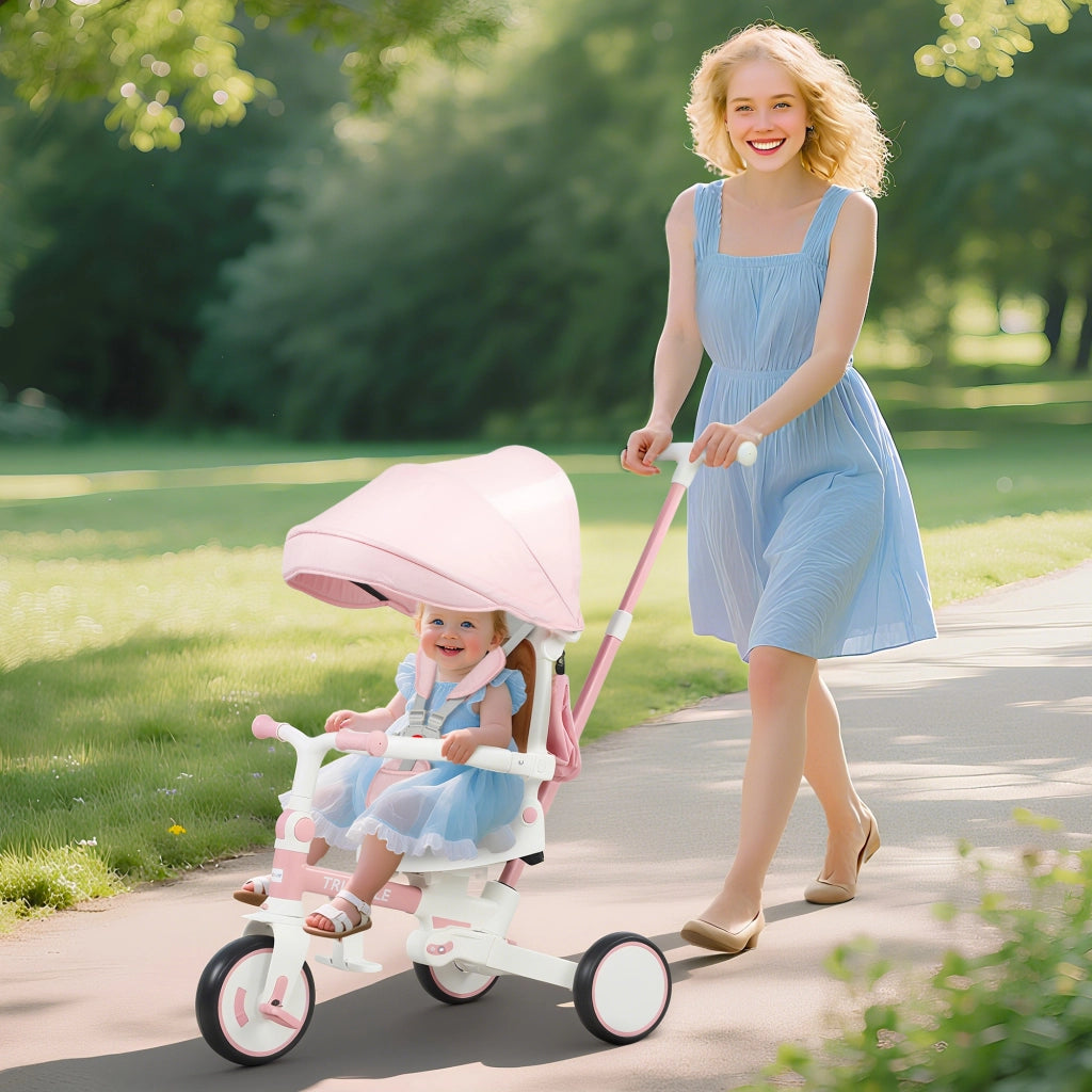 Triciclo per Bambini 5 in 1 con Maniglione di Spinta e Copertura Rimovibile, 96.5x49x101 cm, Rosa