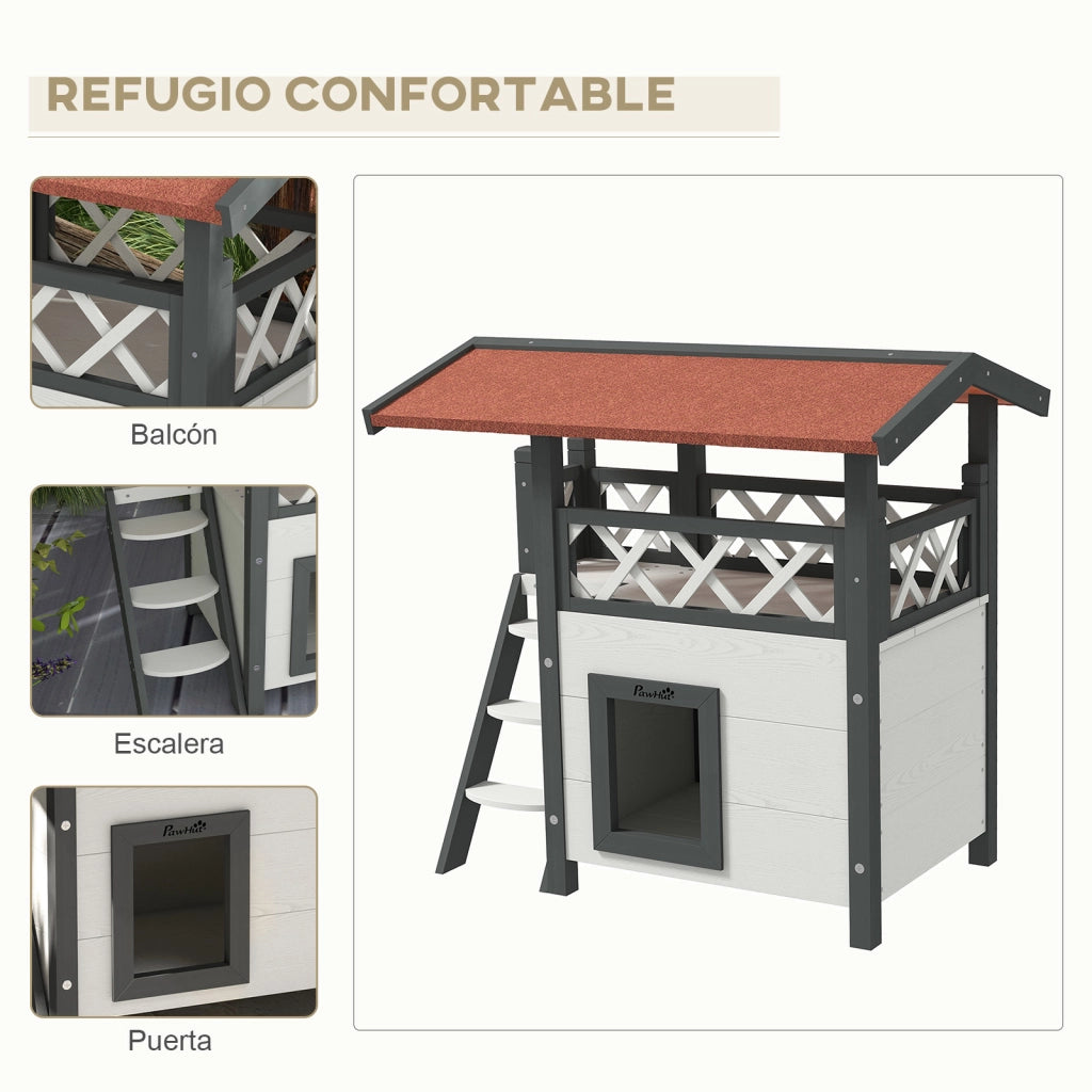 Casetta per Gatti 2 Livelli con Scala e Balcone ¨C Zephmum ¨C Bianco 77x50x73 cm