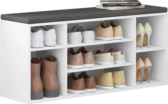 Banco per scarpe - Cassettiere per scarpe - Banco per scarpe da appendere 103.5x30x48 cm - Bianco - Con cuscino di tessuto grigio