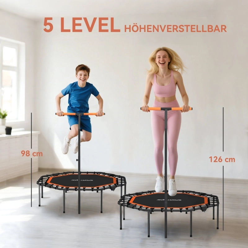 Trampolino fitness pieghevole con manubrio regolabile, bungees silenziosi, uso indoor, senza accessori, nero