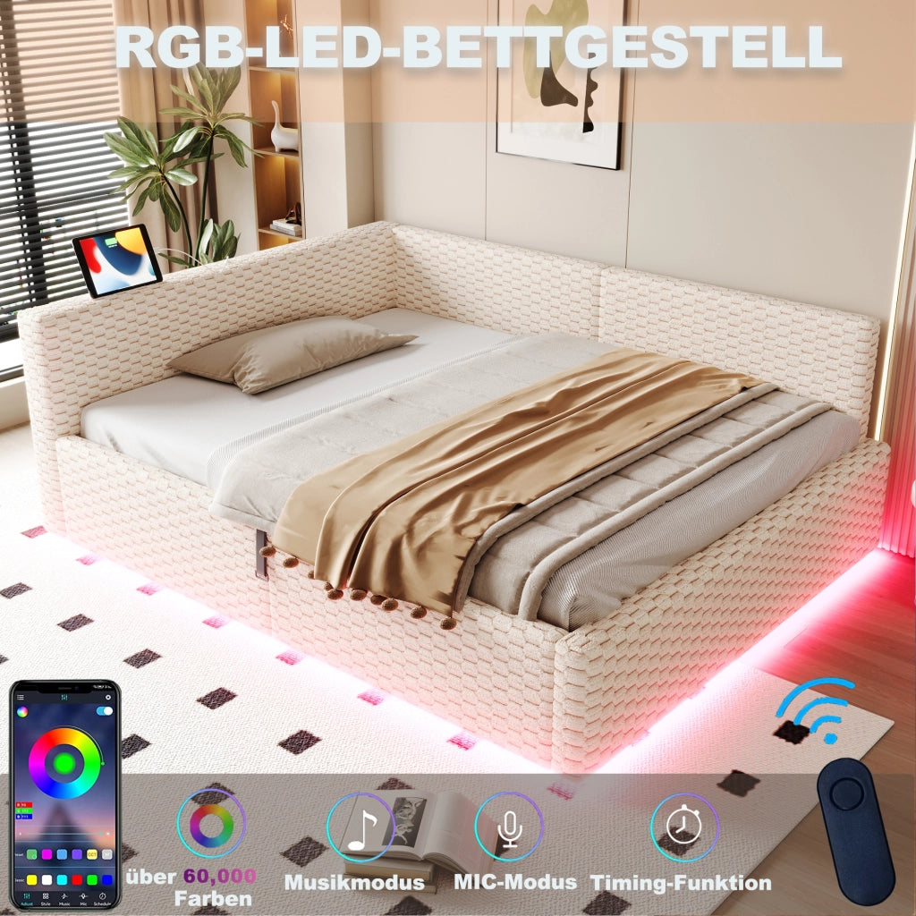 LETTO Contenitore 140x200 cm Velluto Beige con LED, 2 USB e Type-C