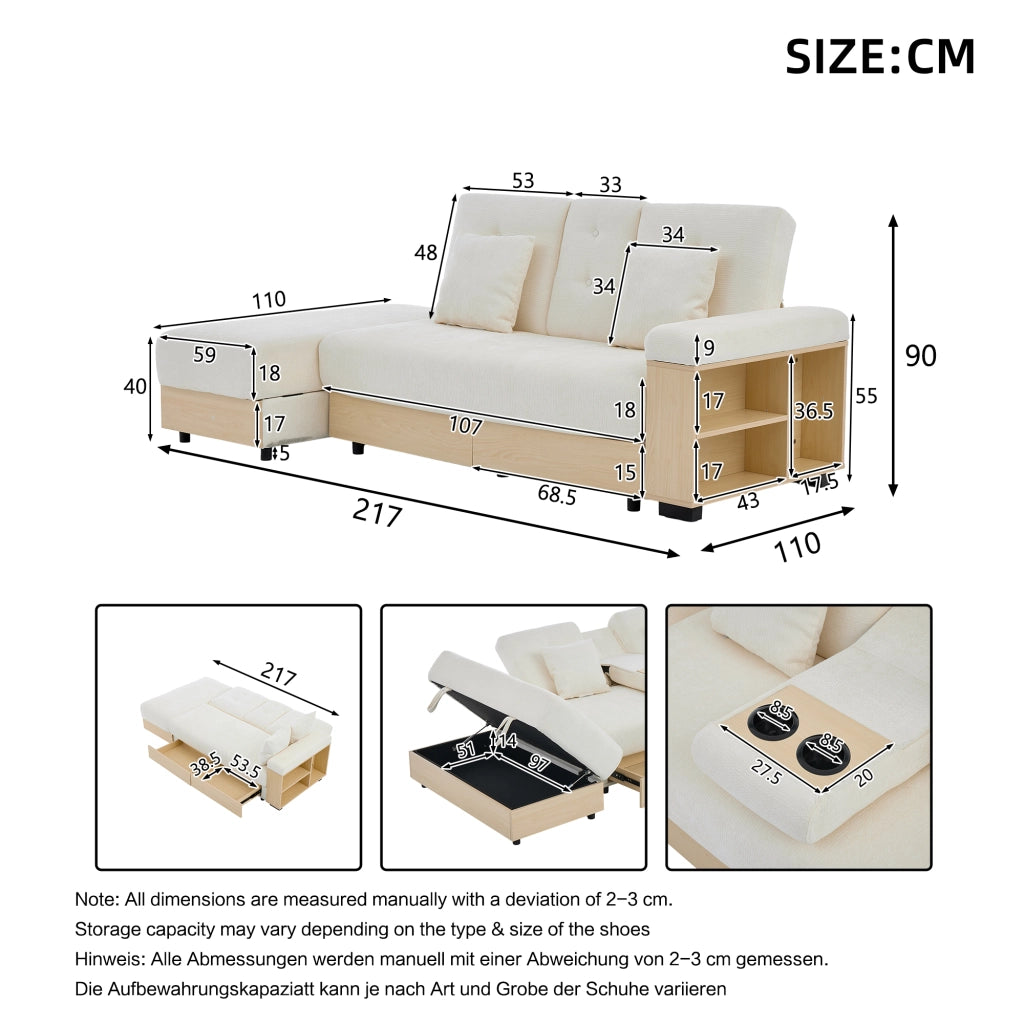 DIVANO Letto con contenitore 217x110x90 cm in chenille beige