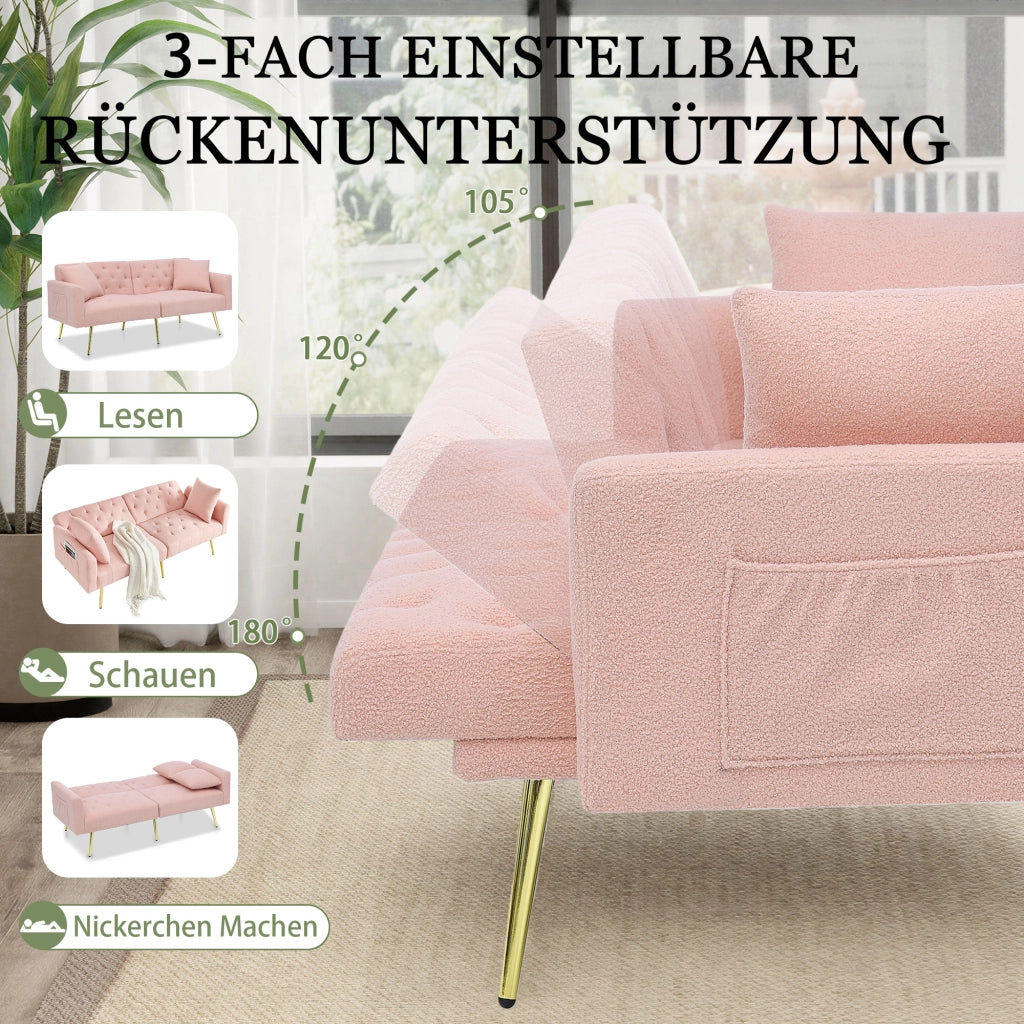 Divano Convertibile 2 Posti con Schienale Reclinabile e 2 Cuscini, in Teddy, Rosa