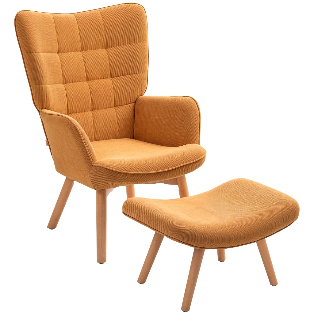 Poltrona con poggiapiedi, poltrona a orecchioni con schienale alto, gambe in legno, poltrona lounge con design capitonn¨¦, effetto velluto a coste,