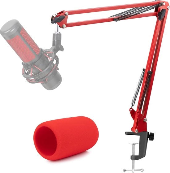 Microfono a braccio rosso con filtro anti-pop - Braccio microfono professionale per studio con cappuccio microfono filtro anti-pop schiuma, compatibile con microfono a braccio di HyperX QuadCast S
