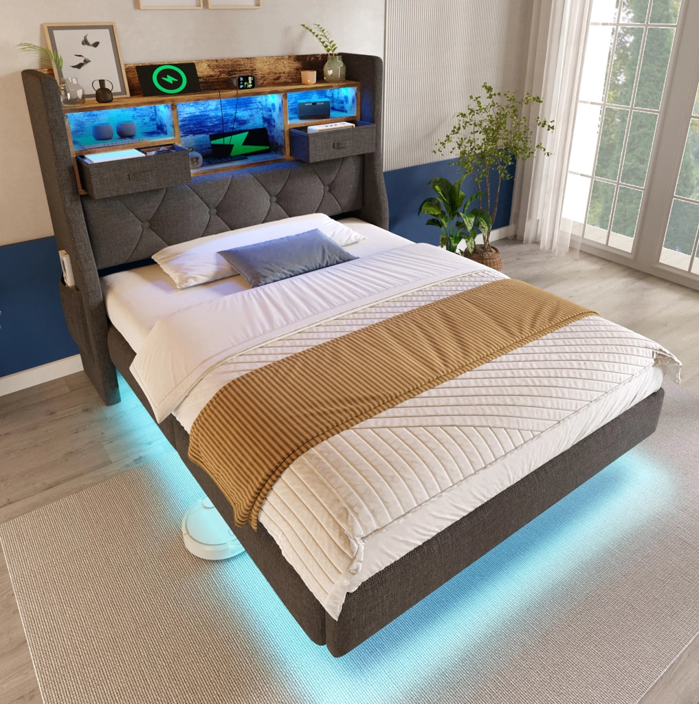 Letto singolo 90x200 cm con LED, USB, contenitore e materasso incluso
