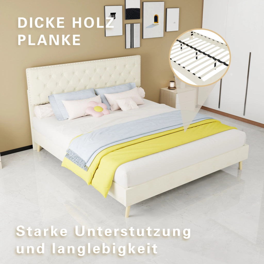 DESMIU Letto 160 × 200 cm 2 posti con vano sotto il letto, senza materasso, in tessuto, beige