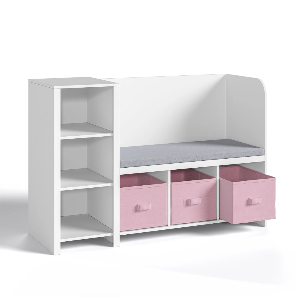 Scaffale per Cameretta Høylandet con Panca Scomparti e Scatole 76 x 112 x 40 cm - Bianco / Rosa [en.casa]