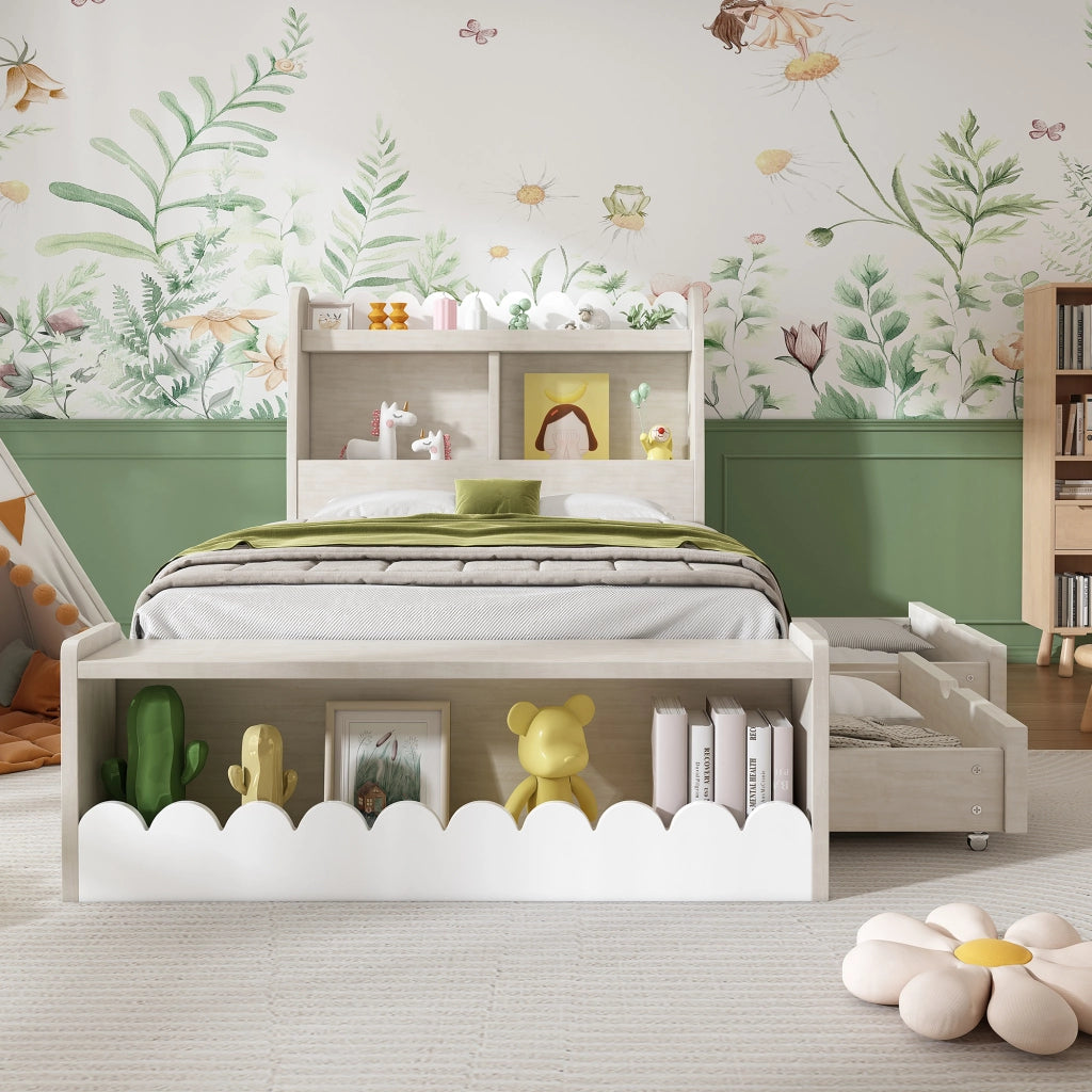 Letto per bambini in legno con 2 cassetti; mensole; panca contenitore e doghe; bianco e rovere chiaro; 90x200 cm; senza materasso