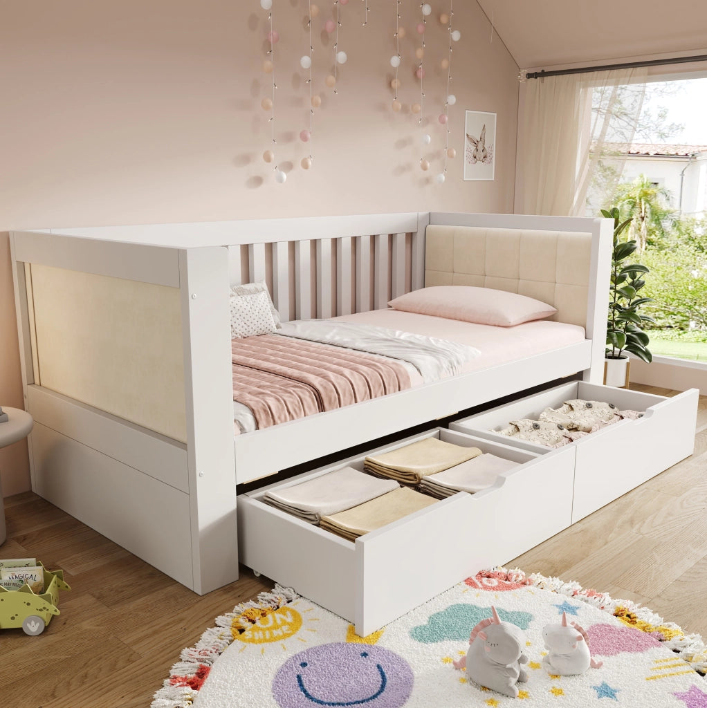 Letto da giorno 90x200 cm con 2 cassetti in legno bianco