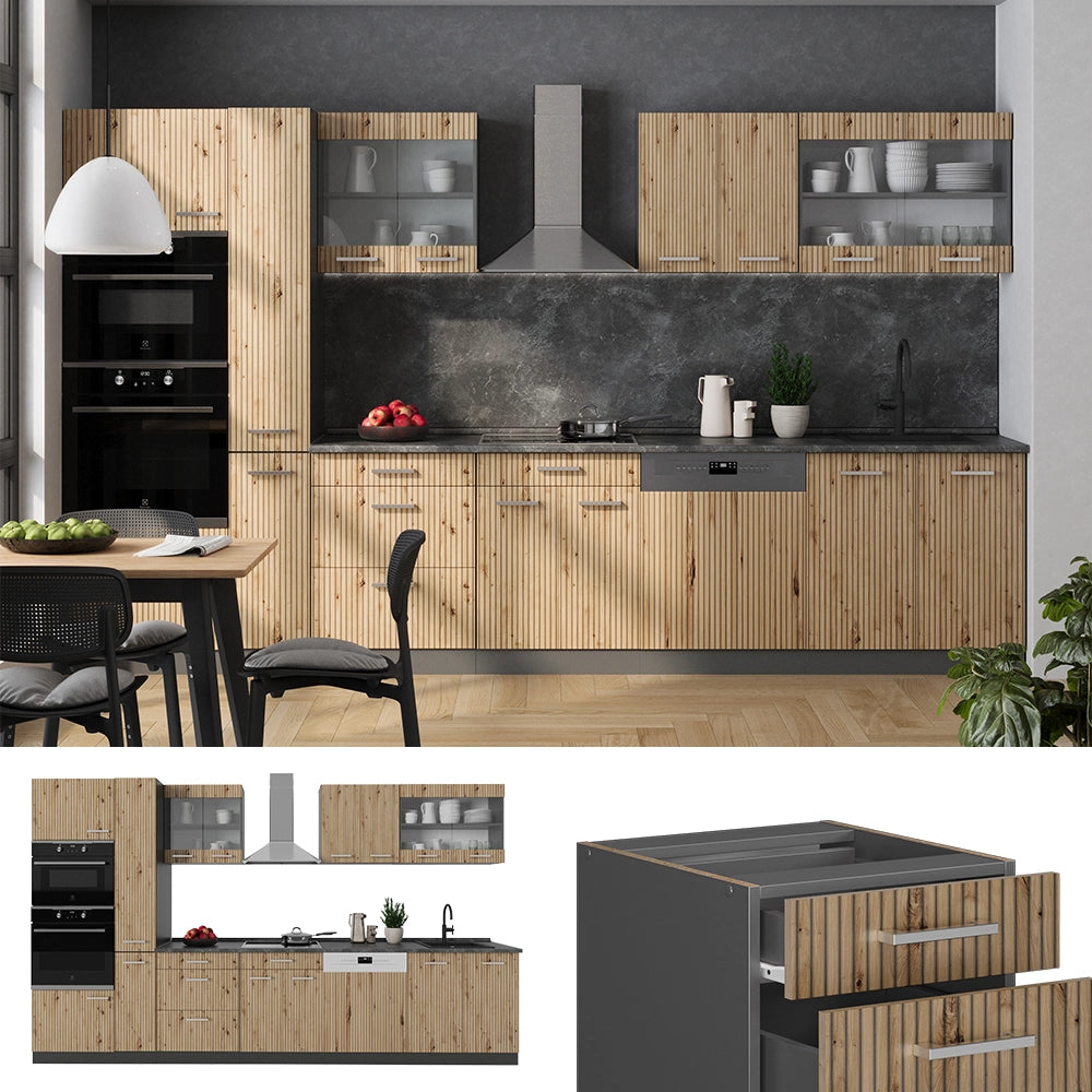 Vicco Cucina  Rovere artigianale/antracite 350 cm con armadio alto, PL Marmo