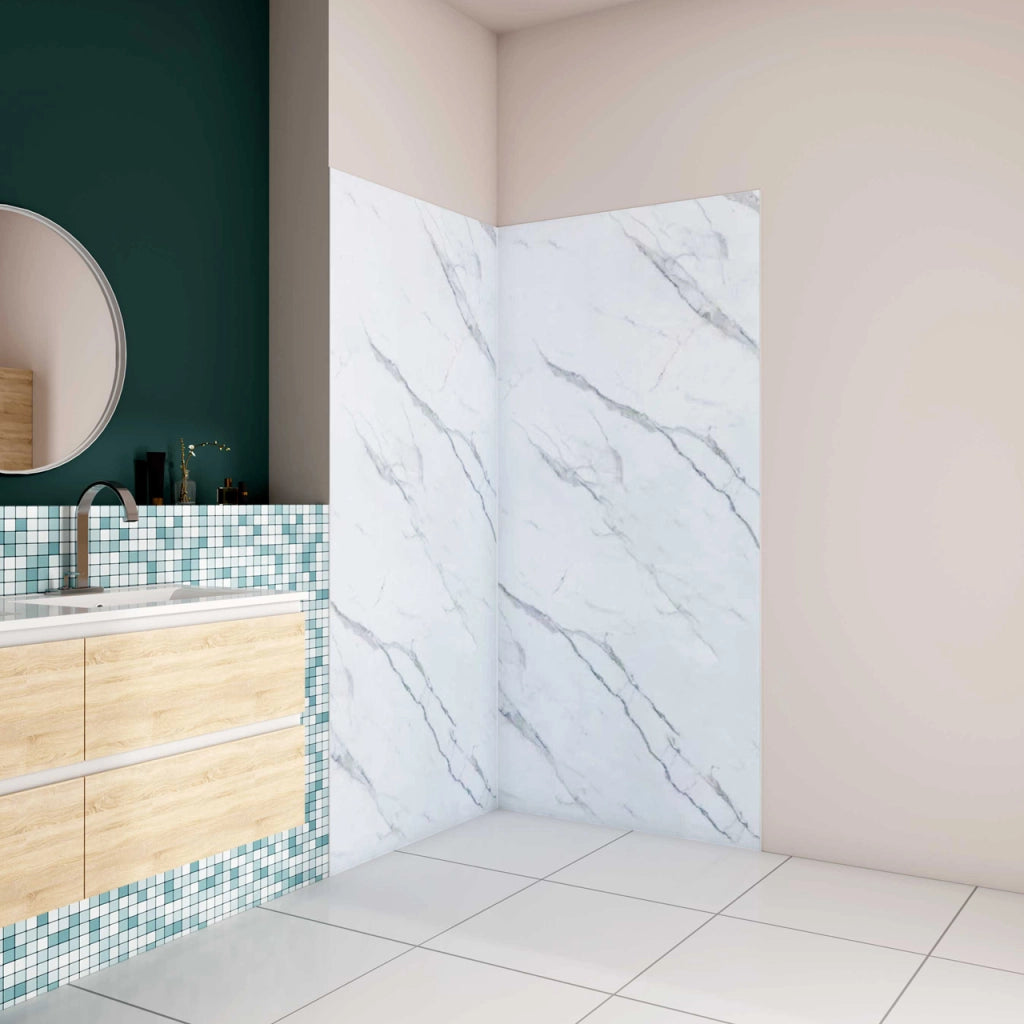 H.210 cm Pannello Doccia ad Angolo 120x120 cm Realizzato in Alluminio da 3 mm con Profili Finitura Bianco Alba per Rivestimento Parete Bagno