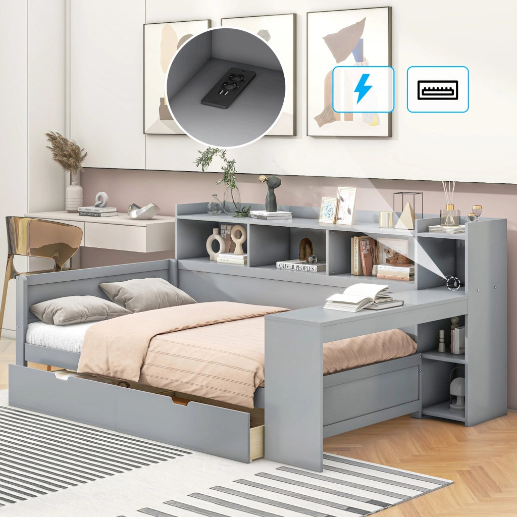 Letto singolo salvaspazio 90×200 cm con 2 cassetti; USB; prese e scrivania; senza materasso; grigio