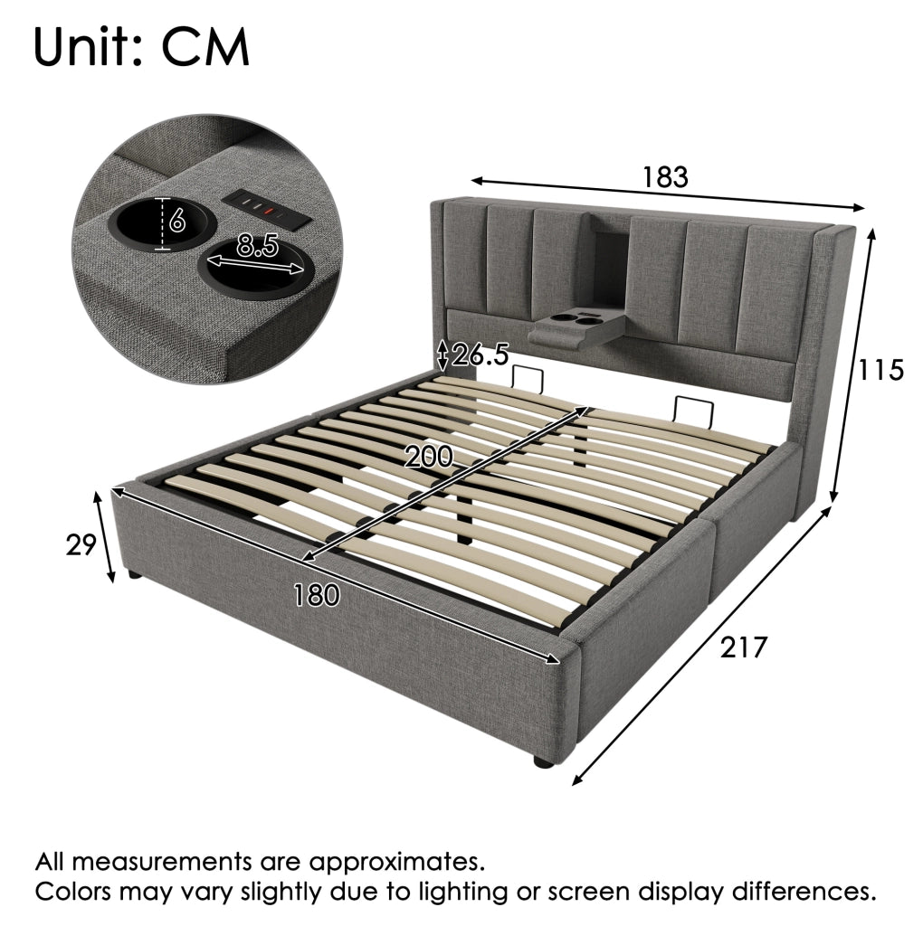 Letto matrimoniale 180x200 cm con contenitore, ricarica USB e portabicchieri integrati