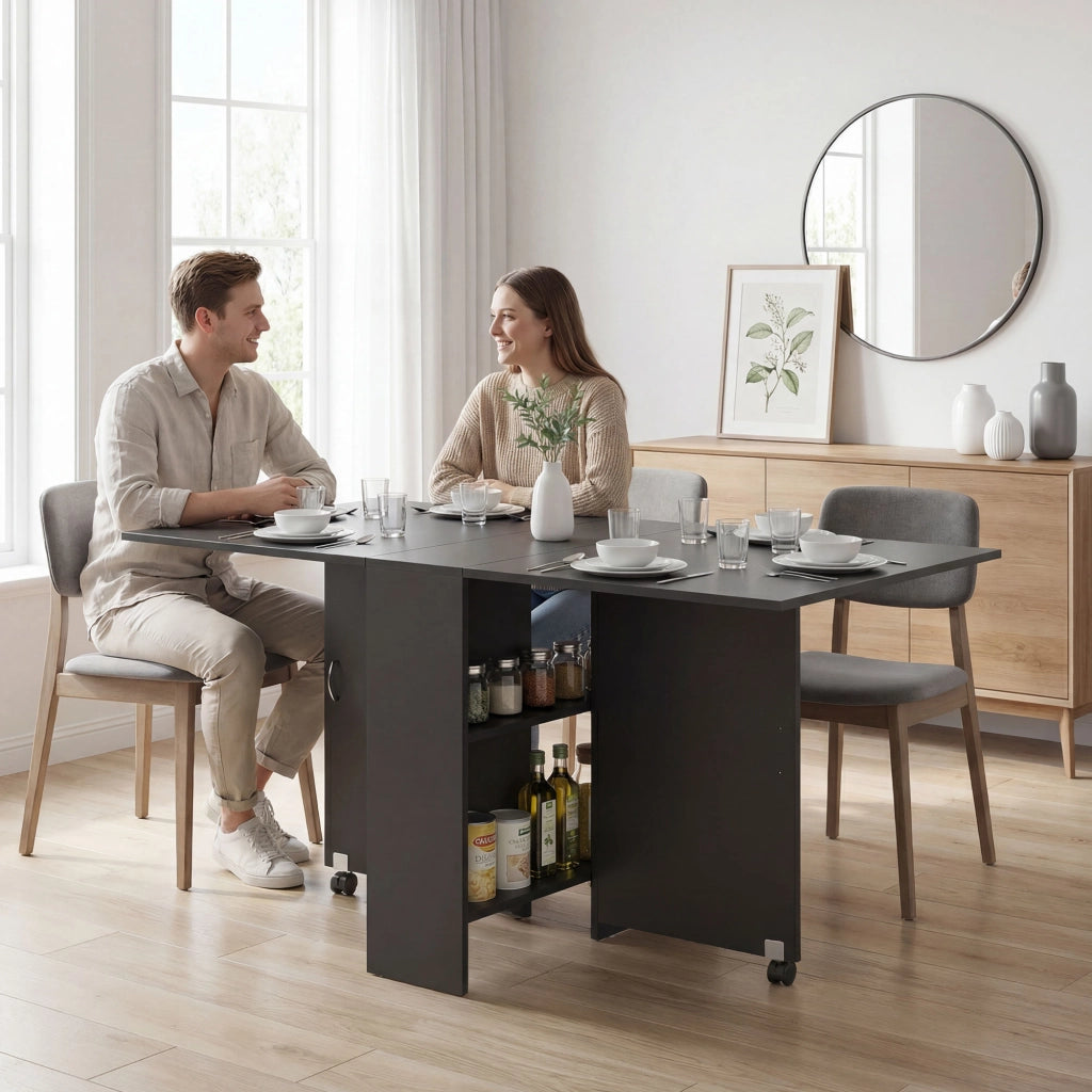 Tavolo da cucina pieghevole con ruote e ripiani ¨C zephmum ¨C 75x140x74 cm nero