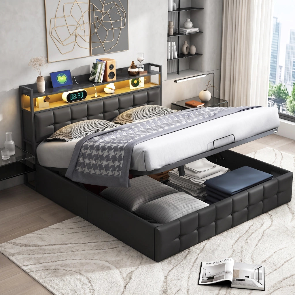Letto matrimoniale 140x200 cm con contenitore LED USB testiera struttura letto MDF e PU - grigio