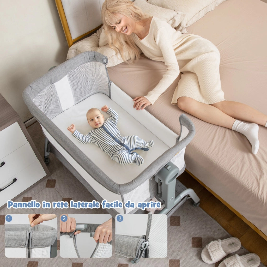 Culla per neonati con 6 altezze regolabili materasso rete a 4 lati cesto portaoggetti, Culla portatile Grigio-Culle