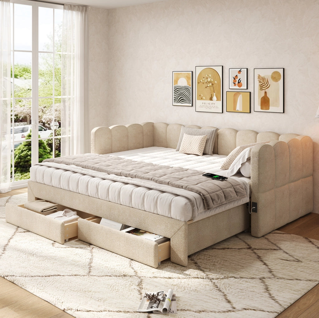 Letto da giorno estraibile con 2 cassetti; USB e Type-C; 180x190 cm; in chenille beige