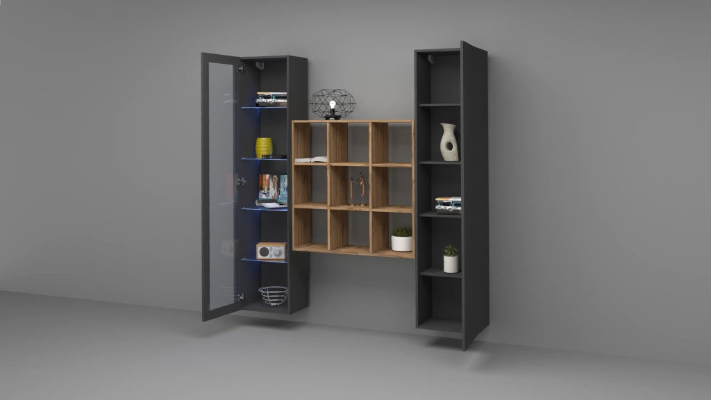 Parete attrezzata sospesa moderna armadio libreria vetrina antracite Tilla RT
