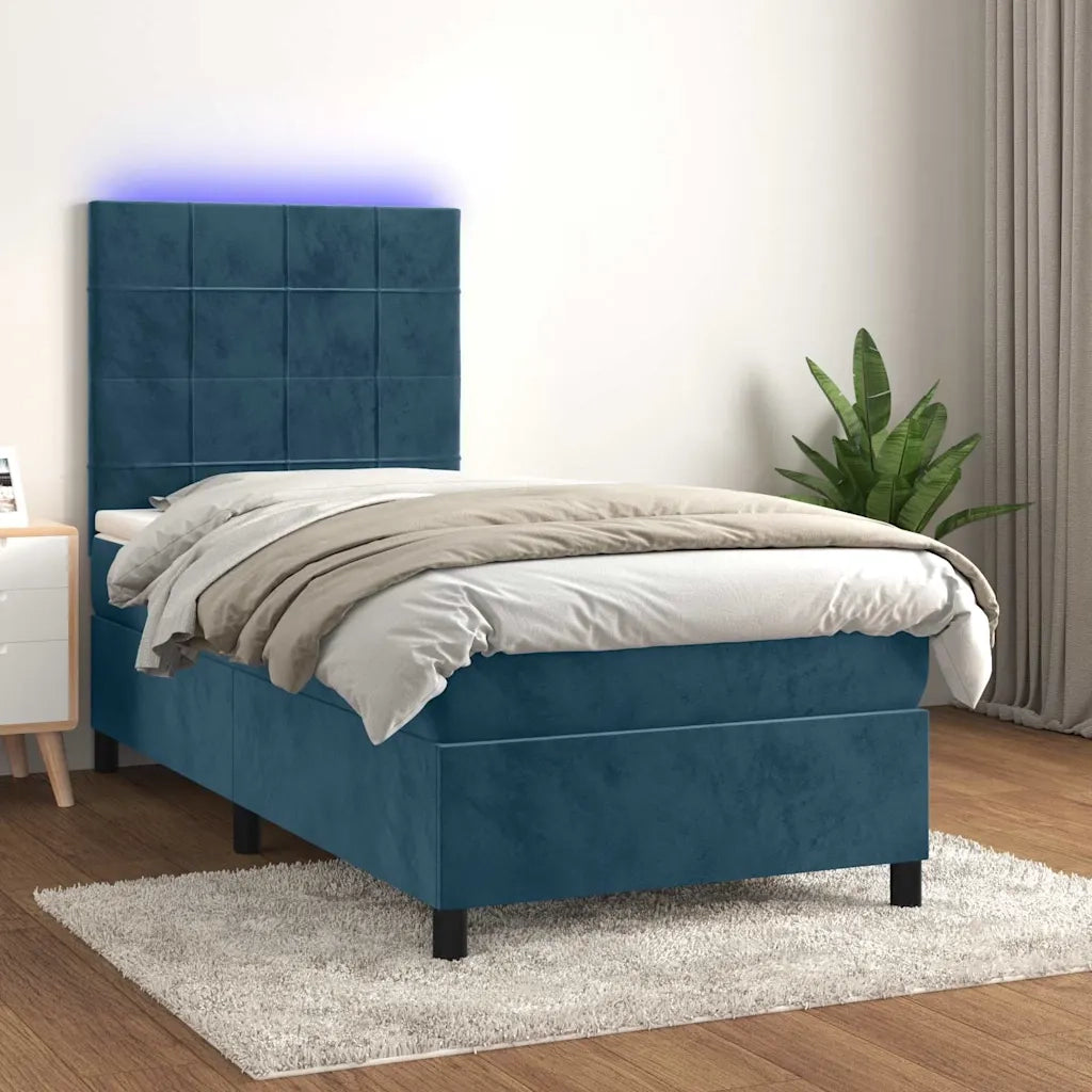 Letto singolo | Letto per adulti | Letto a Molle con Materasso e LED Blu Scuro 90x200cm in Velluto