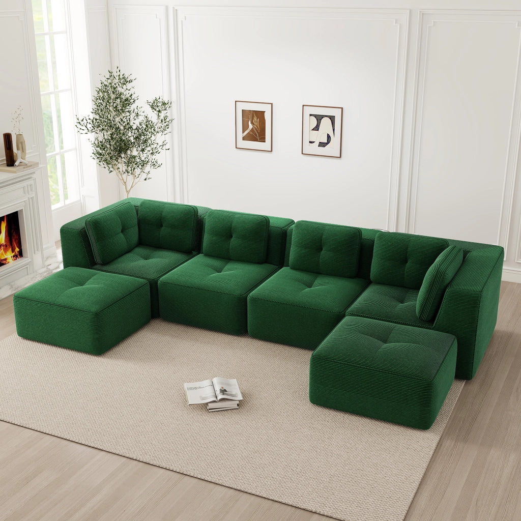 Divano Angolare Modulare con Ottomane ¨C MINIMAL ¨C Verde, Tessuto, Senza Montaggio