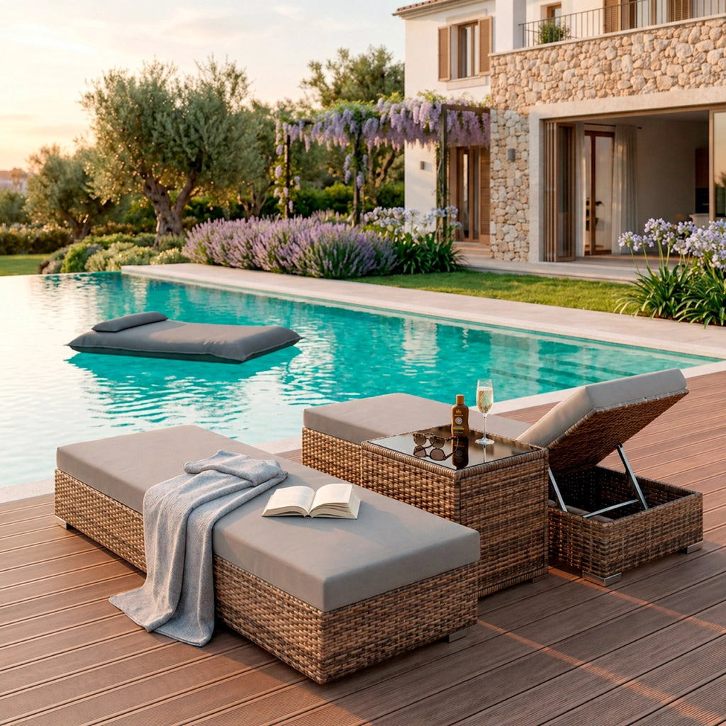 Set 2 Lettini Prendisole In Polyrattan Con Tavolino Contenitore E Cuscini Schienale Regolabile 5 Posizioni Sdraio Da Giardino Terrazzo Piscina 184 x 60 x 21 Cm Marrone Chiaro E Grigio