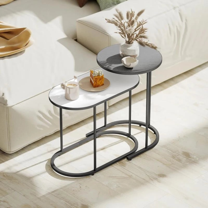 SET 2 TAVOLINI DA SALOTTO IMPILABILI CON TELAIO IN METALLO PER SOGGIORNO E UFFICIO, GRIGIO E BIANCO