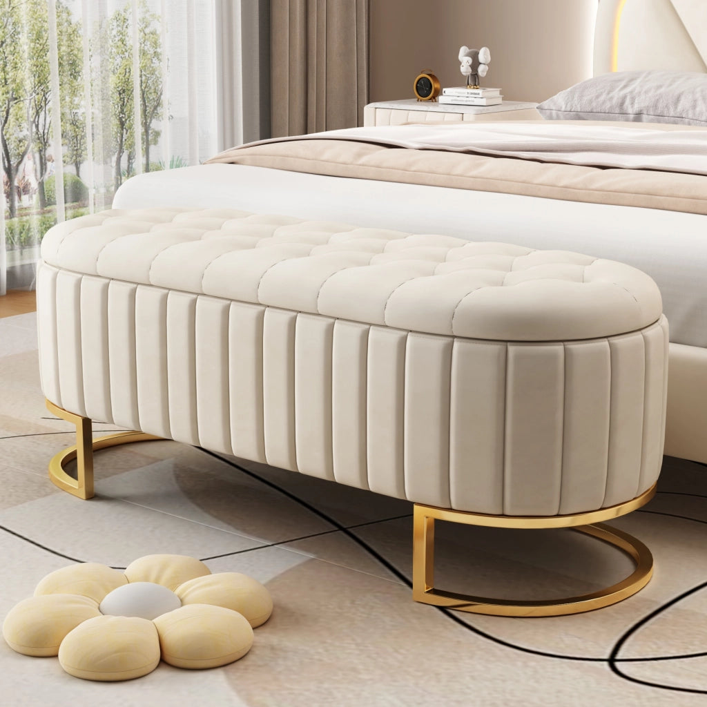 Sgabello riporto 120x40 cm rivestito in velluto beige panca con spazio riporto per divano e camera da letto