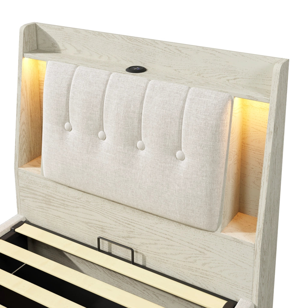 LETTO imbottito 90x200 cm Beige in lino e MDF con USB, LED e vano contenitore