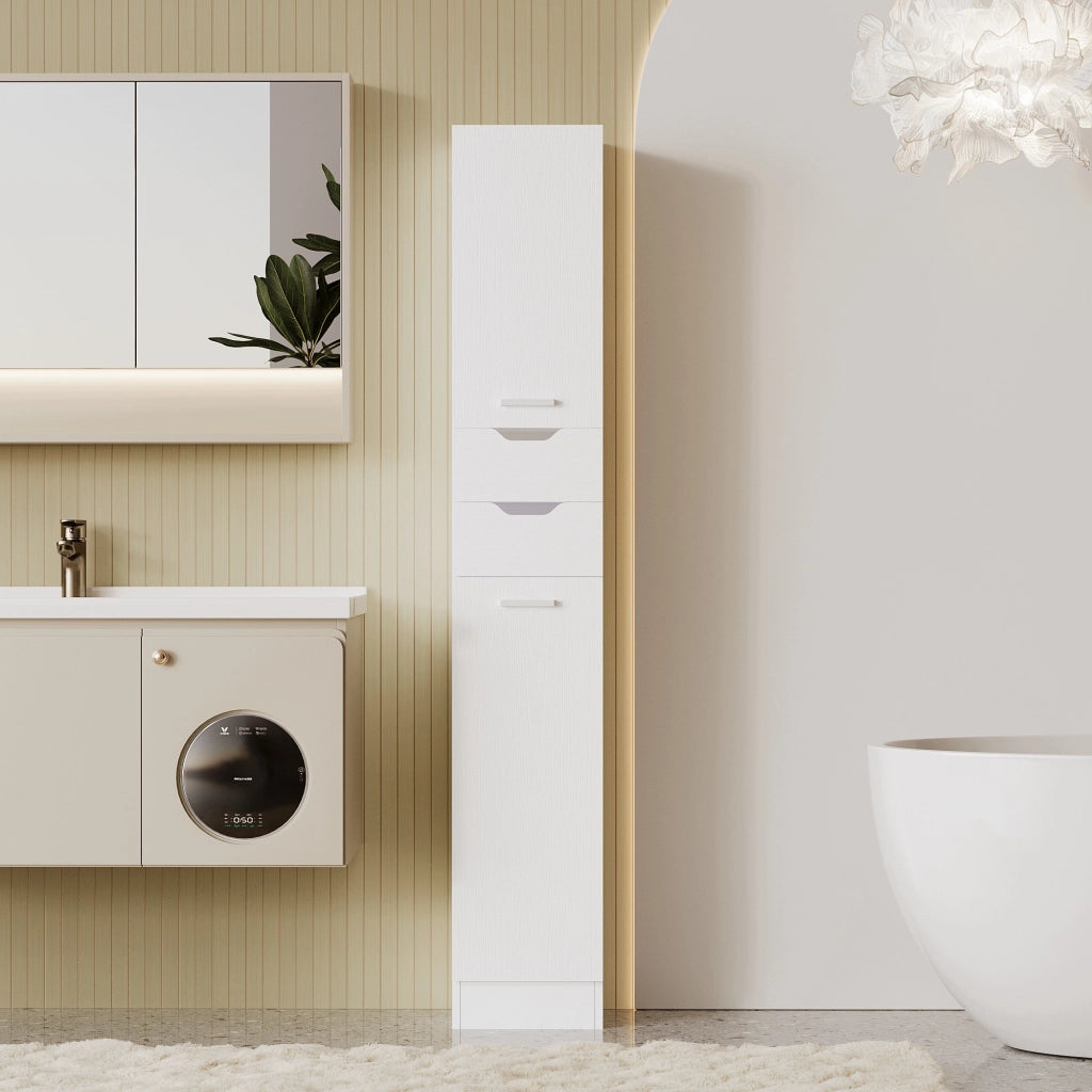 Armadio da bagno in legno bianco, colonna a scaffali, pratico e capiente, stile loft, 180 cm