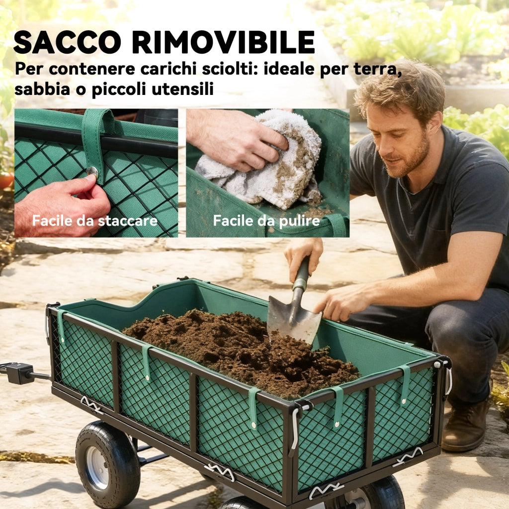 Carrello da Giardino in Acciaio 114L ¨C Xylo ¨C Verde, con Sacca e Pareti Rimovibili 105x51x54cm