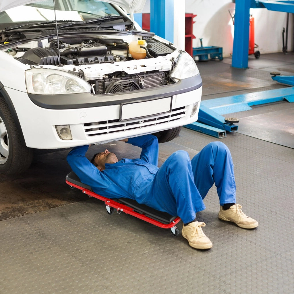 Sgabello automobilistico pieghevole e 6 rotelle universali, Sgabello per meccanico convertibile per officina Nero e rosso
