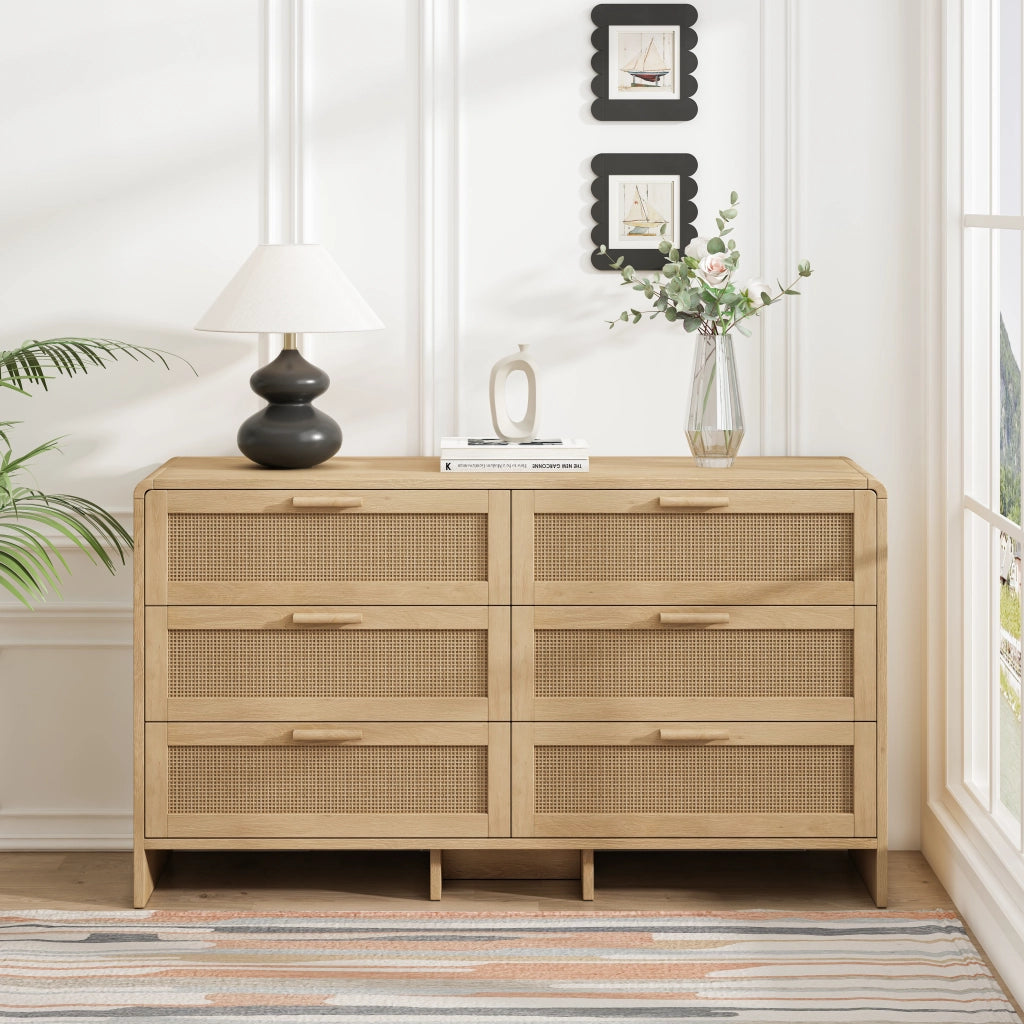 CASSETTIERA 130 cm in rattan naturale con 6 cassetti e angoli arrotondati