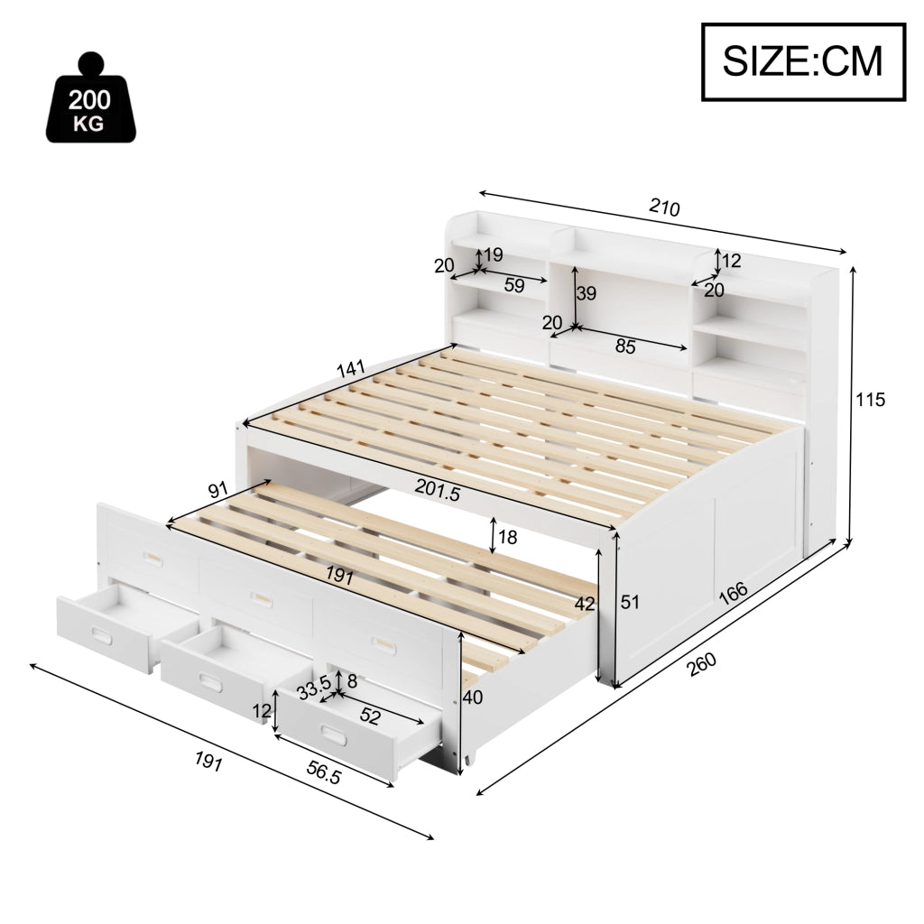 LETTO estraibile 140x200 cm Bianco con LED, 3 cassetti