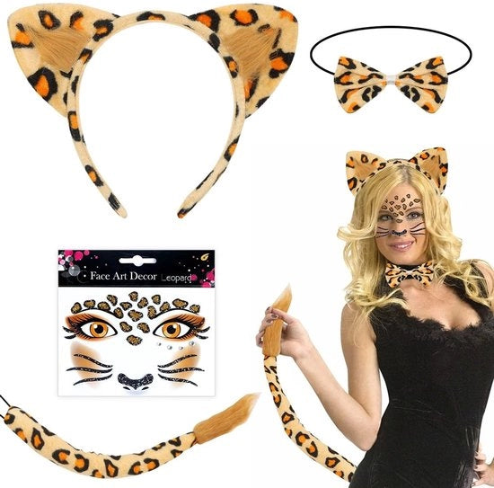 Accessori di costume da leopardo - Orecchini da leopardo - Coda da leopardo - Cappello da farfalla - Tatuaggio facciale - Materiali di alta qualità - Accessori di travestimento