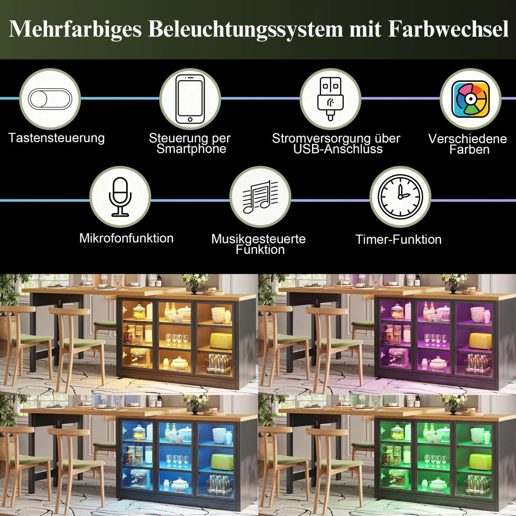 Tavolo allungabile con mobile laterale, LED e piano girevole a 360° per cucina, in MDF e vetro, nero, 120 × 40 × 72 cm