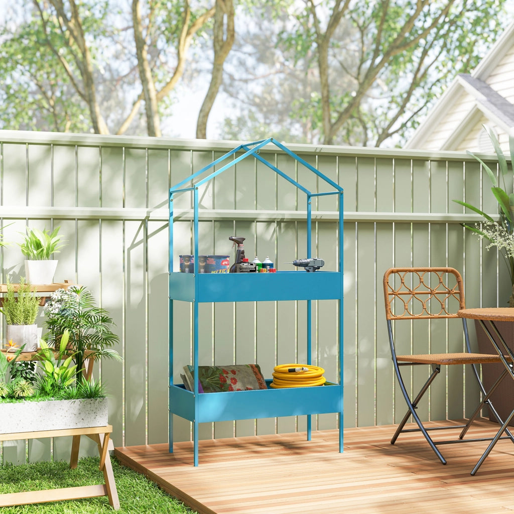 Scaffale Piante 2 Livelli ¨C Xylo ¨C Metallo Forma Casa Blu-Verde