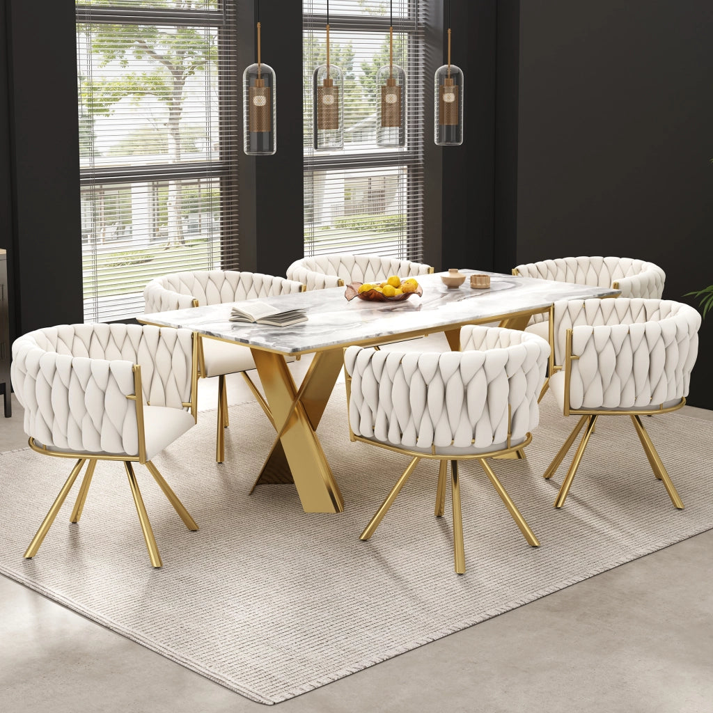 Sedia da sala da pranzo girevole in velluto set da 2 con schienale ergonomico e struttura in acciaio beige e oro