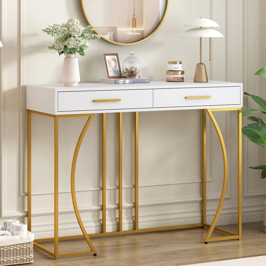 Consolle, tavolino da ingresso con 2 cassetti, tavolino laterale leggero ed elegante, tavolino da divano, 110x32x85 cm, bianco/oro