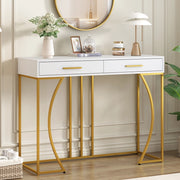 Consolle, tavolino da ingresso con 2 cassetti, tavolino laterale leggero ed elegante, tavolino da divano, 110x32x85 cm, bianco/oro