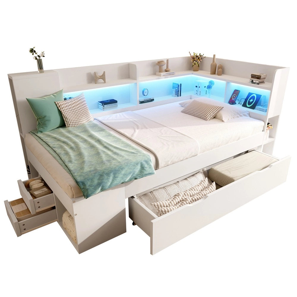 Letto Singolo con LED, USB, Cassetti e Rete a Doghe ¨C MINIMAL ¨C Bianco 90x200, con Materasso