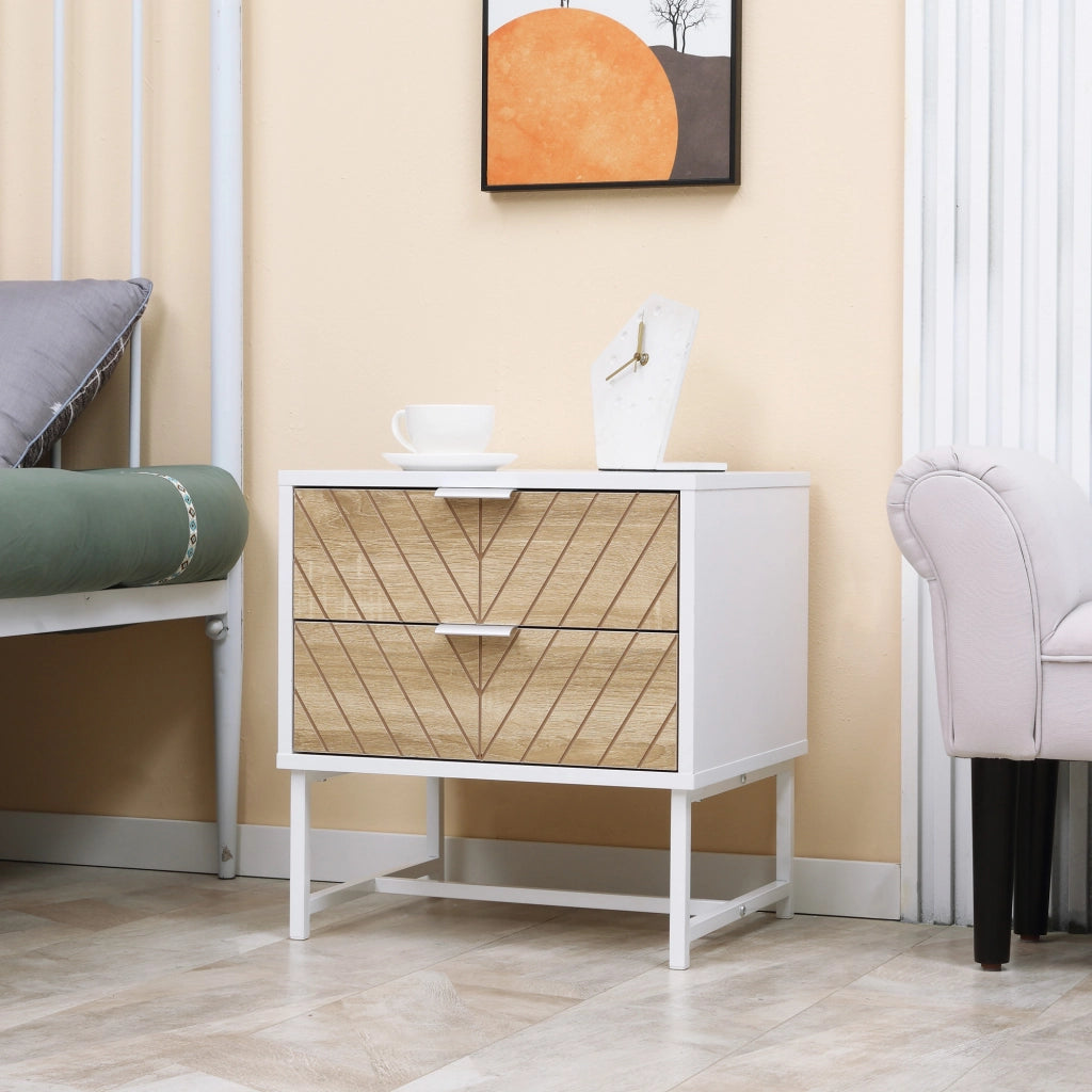 Comodino con 2 cassetti ¨C Xylo ¨C Bianco e rovere, gambe in acciaio, 45x39x48 cm