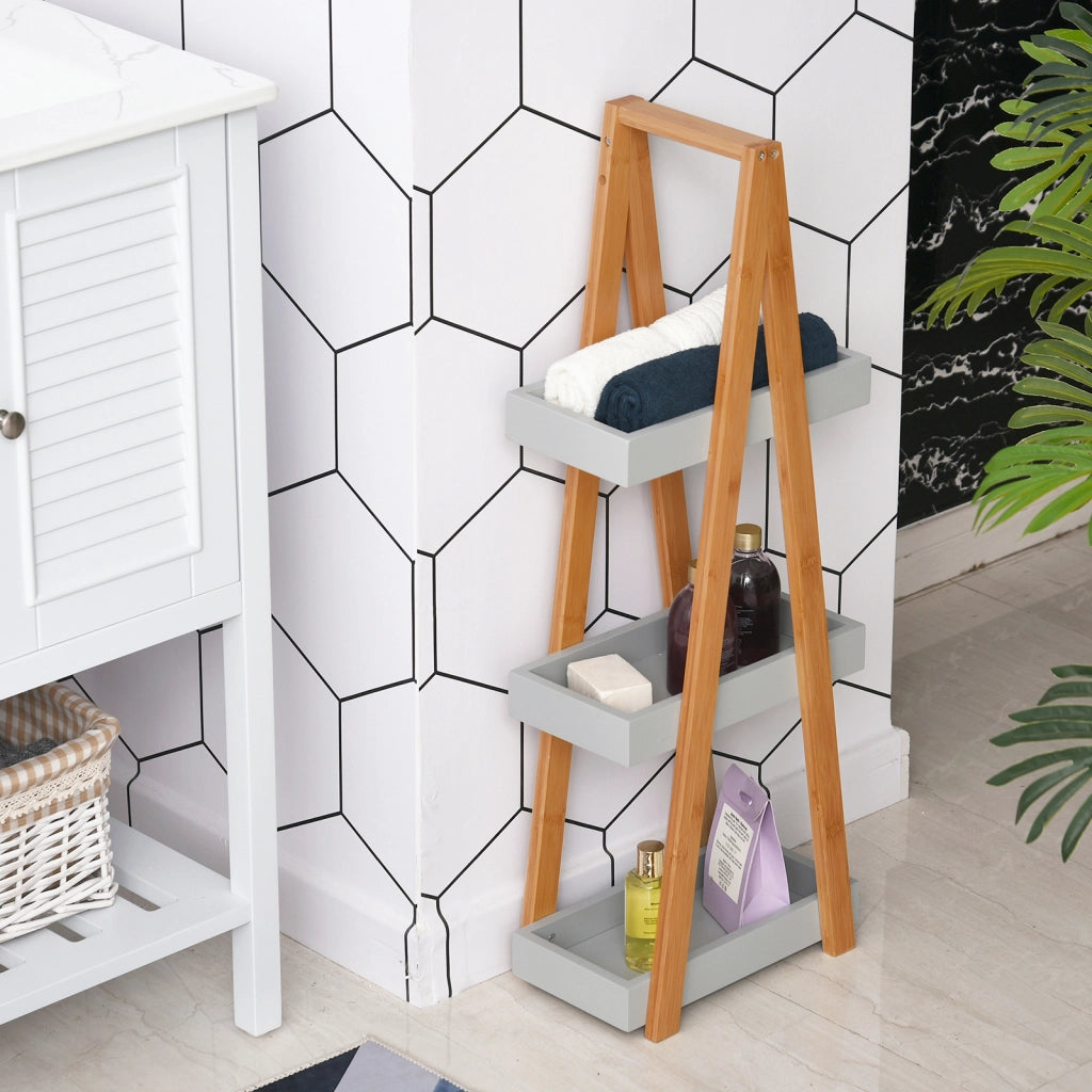 Scaffale Bagno Bamb¨´ 3 Ripiani Forma A ¨C Xylo ¨C Legno Naturale Grigio 30x18x81 cm