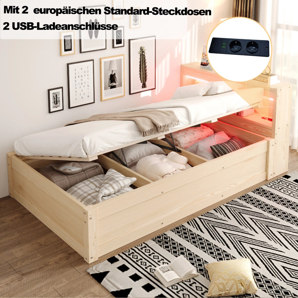 DESMIU Letto contenitore 90 × 200 cm 1 posto con presa, LED regolabile e vani, senza materasso, in MDF, legno