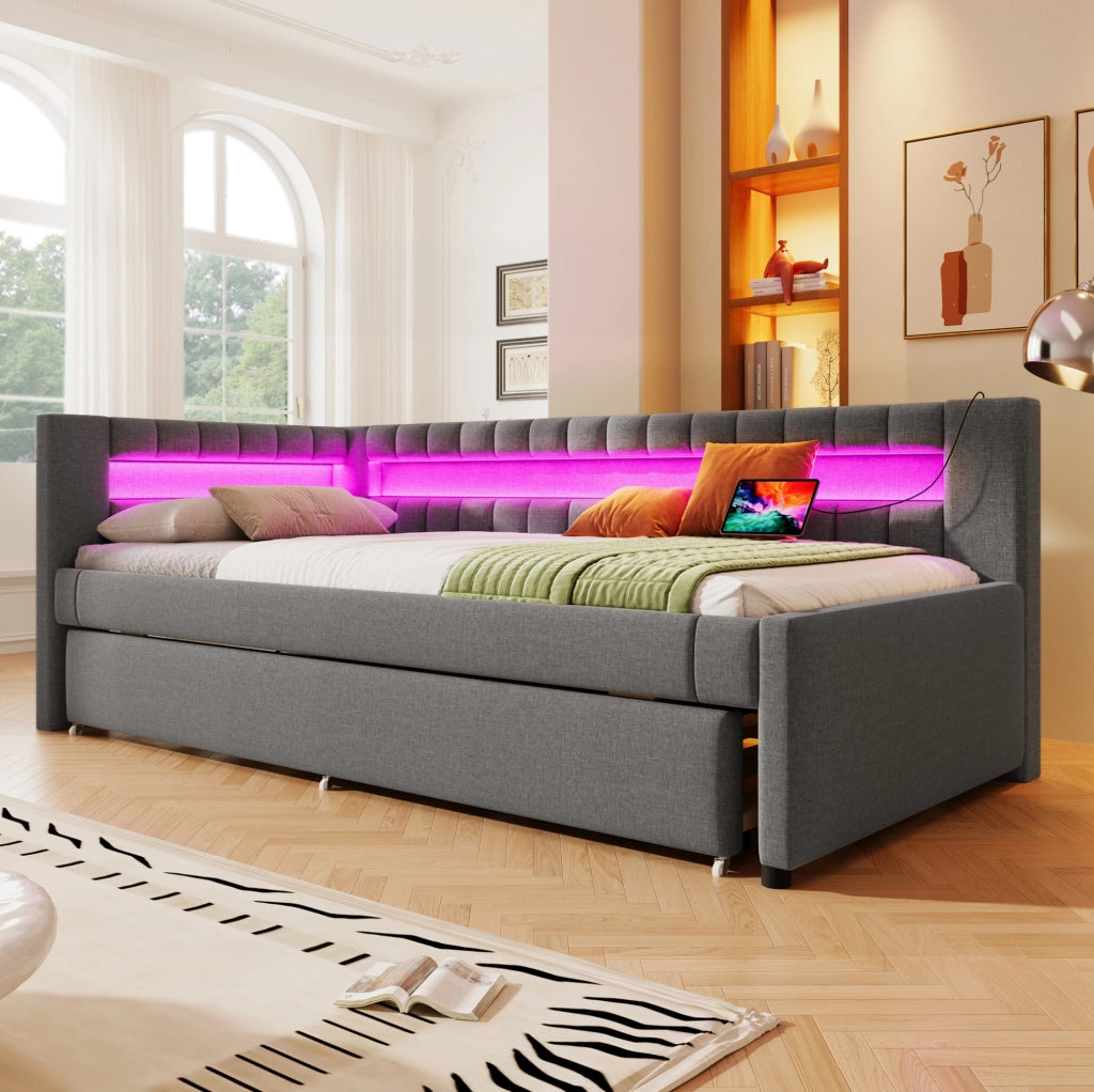 Letto daybed con LED, letto estraibile e porte USB Type-C, 90x200 cm, grigio