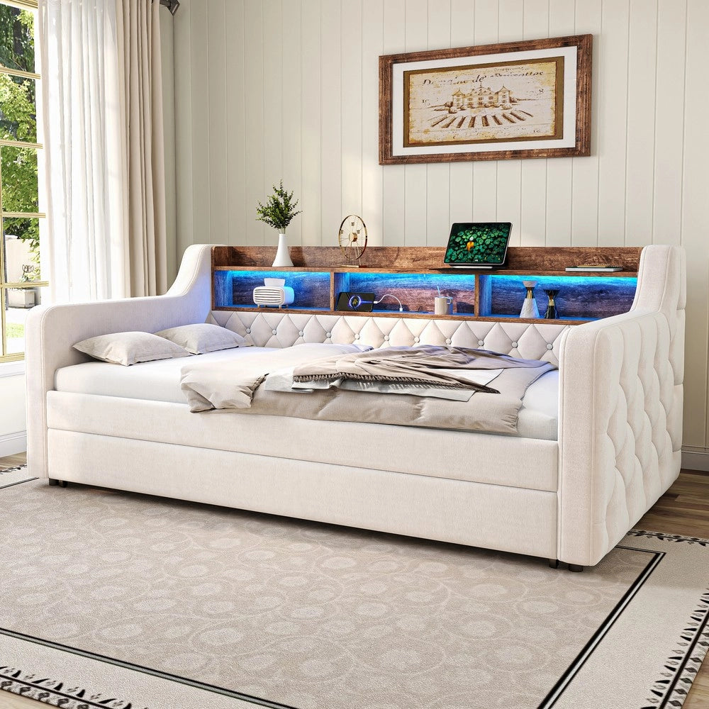Divano Letto 90x190 in Velluto con Contenitore, LED e Struttura Metallo ¨C Xylo ¨C Beige