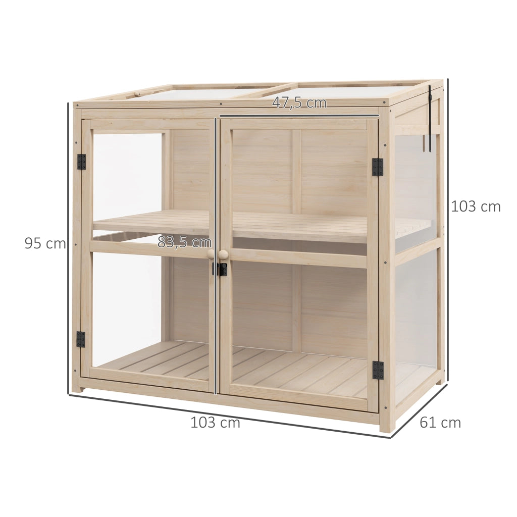 Serra fredda in legno a 2 livelli con doppie porte e finestra sul tetto, antivento, finitura naturale, 103x61x103 cm