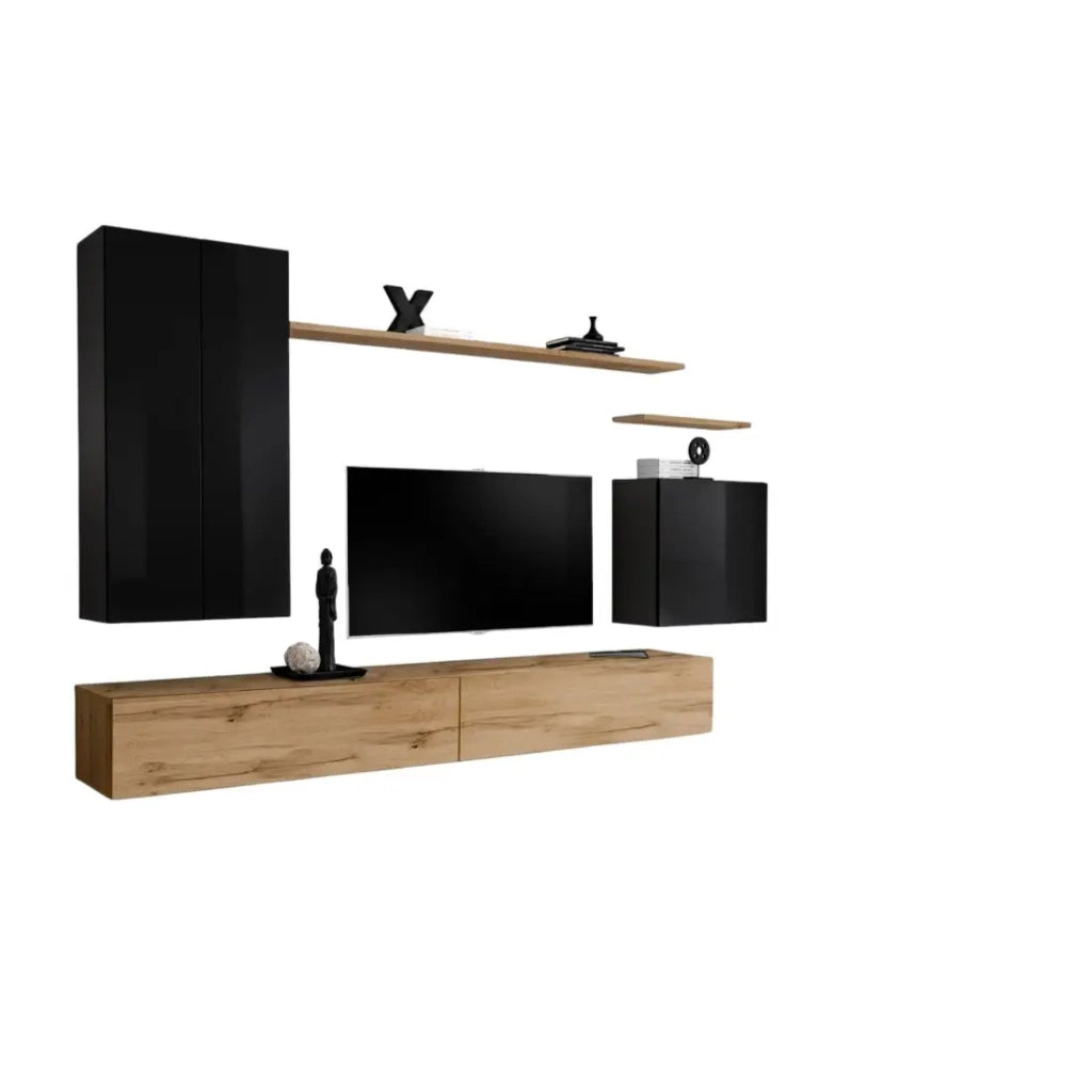 Set di mobili da soggiorno collezione SWITCH II design, colore nero lucido e quercia Wotan.