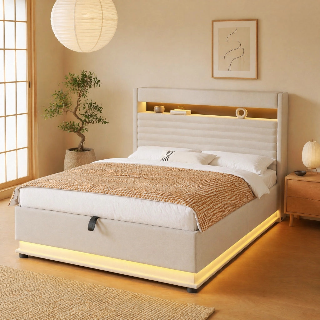 Letto imbottito 140x200 cm beige con LED, USB-C e contenitore
