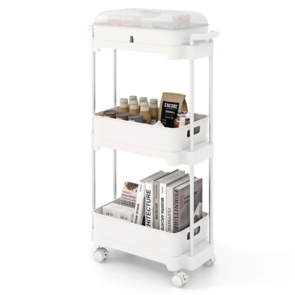 Carrello utilitario a 3 livelli con ruote bloccabili, Carrello di stoccaggio con coperchio e scaffali rimovibili Bianco-Carrelli